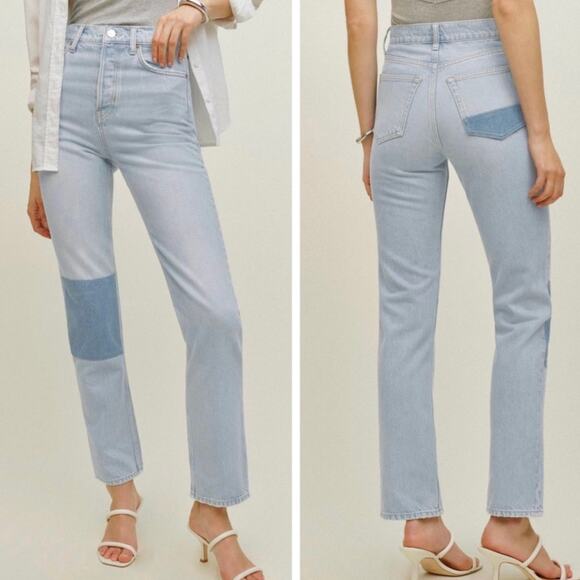 Reformation Tahoe Cynthia Patch High Rise Straight Button Fly Denim Jeans - Picture 1 of 15
